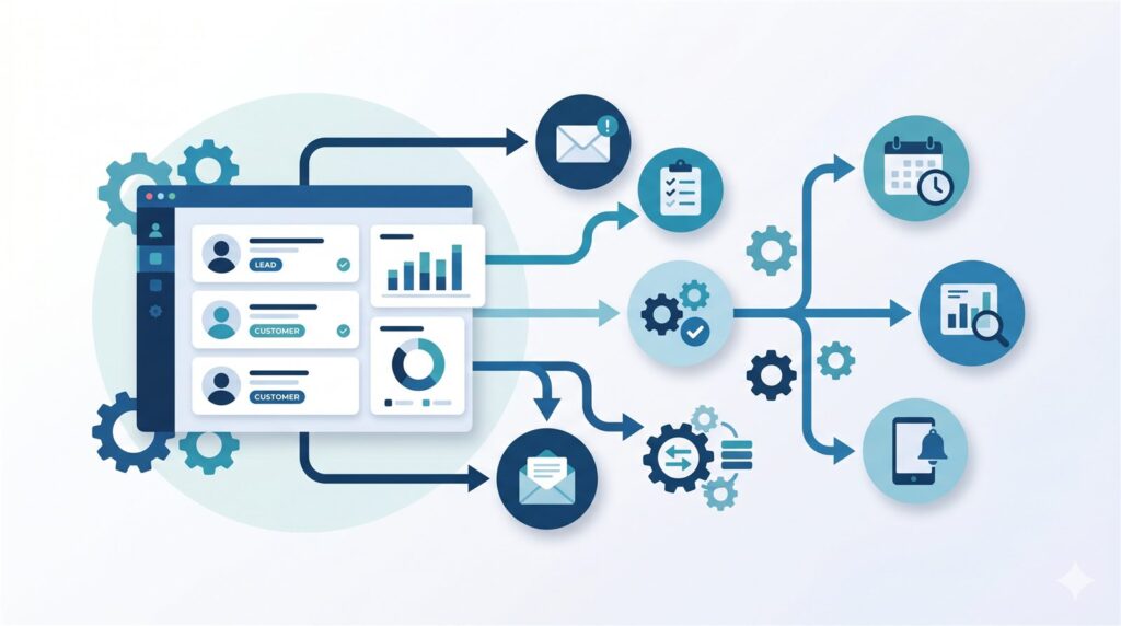 אוטומציה עסקית ומערכת CRM לעסקים קטנים ובינוניים — איור תהליכי עבודה אוטומטיים ודשבורד